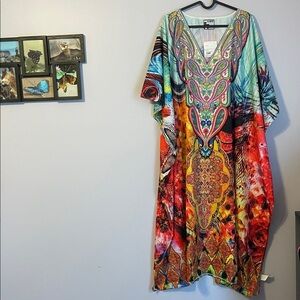 Bombay Bazaar Abstract Floral Rainbow Color Kaftan Cover Up Dress OS